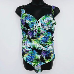 Torrid 1 Piece Swimsuit 2 Purple Green Blue Floral Fern Print Tropical Front Tie